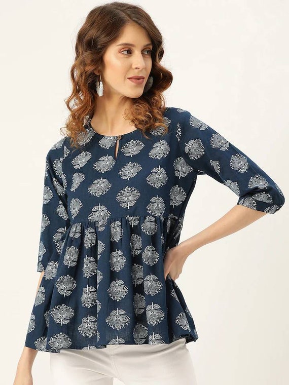 Tunic for Women Pure Cotton Navy Blue & White Lotus Printed A-line Top for  Women Indian Tunic Summer Tops and Tunics Indian Dress - Etsy