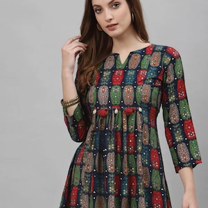 Indian Tunic - Blue & Green Viscose Rayon Printed Tunic For Women - Short Kurti For Women - Summer Tops , Tee's - Ethnic Wear - Boho Top