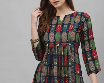 Tunique indienne - Tunique imprimée rayonne en viscose bleue et verte pour femme - Kurti court pour femme - Hauts d'été, T-shirts - Vêtements ethniques - Haut bohème