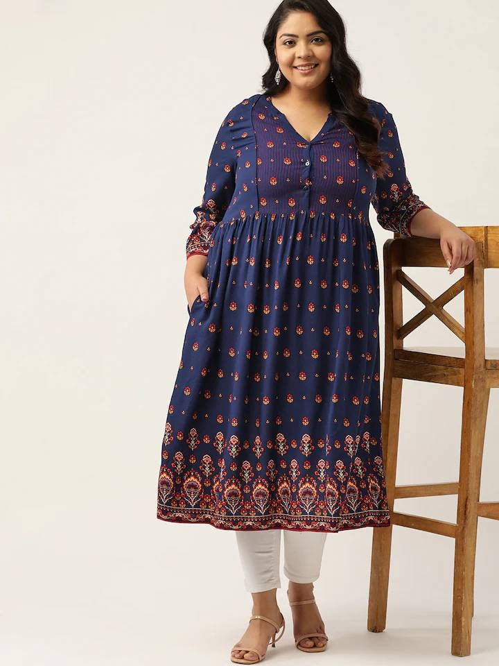 Plus Size Kurta Women Navy Lenzing Ecovero Ethnic Motifs | Etsy UK