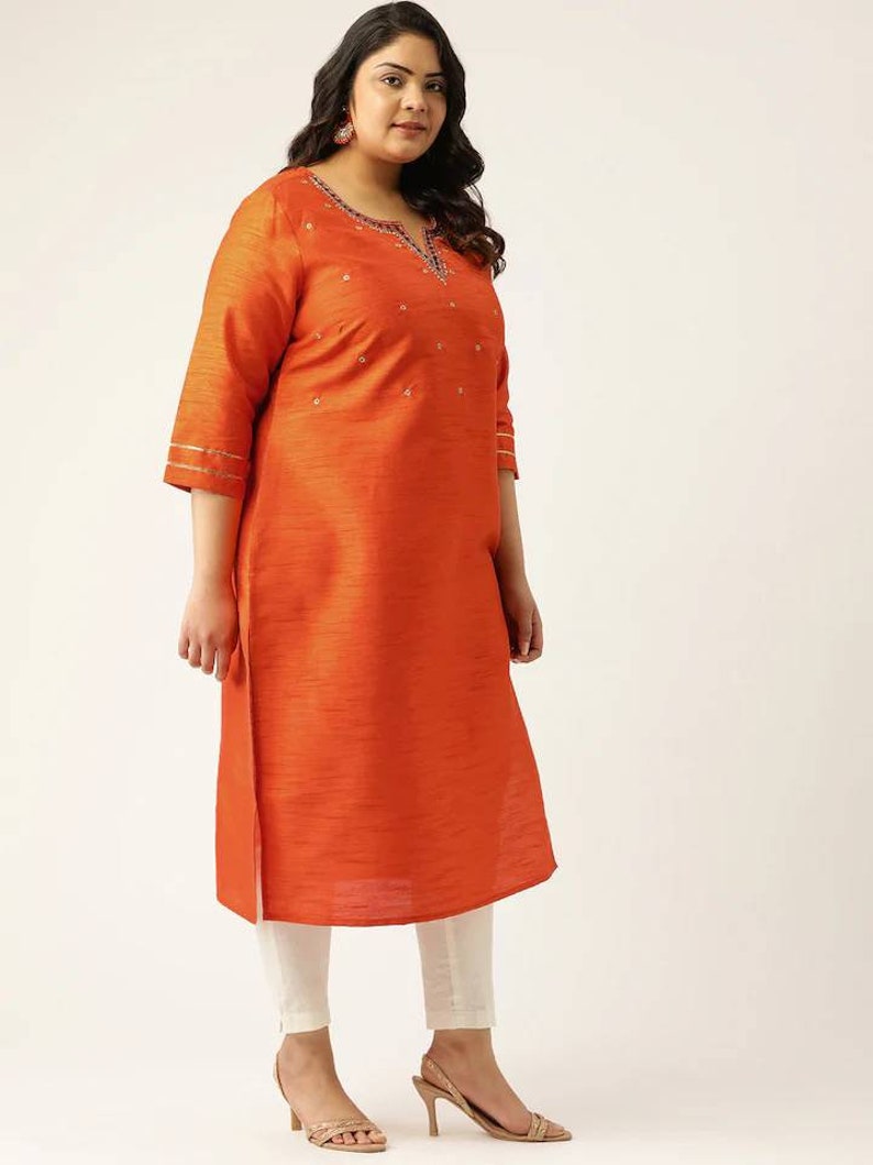 Indian Dress XXL 3XL 4XL 5XL 6XL Kurtis For Women Orange Yoke Design Straight Kurta For Women Plus Size Kurta Women Dress for Women