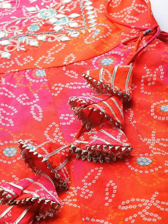 Plus Size Anarkali Kurta Women Pure Cotton Pink & Orange Mirror Work Cotton  Bandhani Printed Tiered Anarkali Indian Dress XXXL 4XL 5XL 