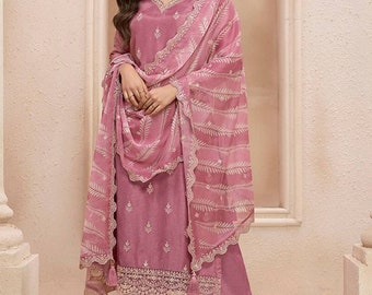 Robe indienne en pure soie - Kurta droite brodée rose avec pantalon et dupatta imprimé - Robe de mariée ethnique - Qualité supérieure premium