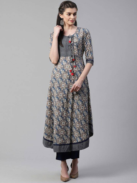 Twara dark blue circle-shape motifs printed & round neck 3/4th sleeve cotton  A-line kurti