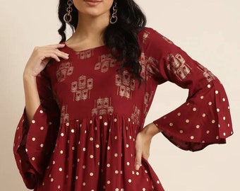 Tunique pour femme - Top A-line Liva imprimé marron et doré pour femme - Tunique indienne - Kurtis court pour femme - Vêtements ethniques - Robe indienne