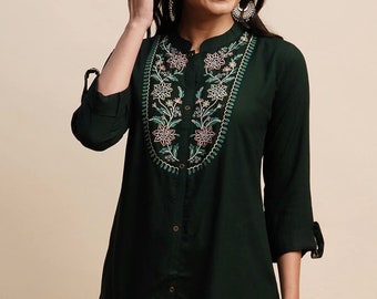 Ethnic Tunic - Dark Green Floral Embroidered Mandarin Collar Shirt Style Top For Women - Indian Tunics For Women - Summer Short Kurta Top