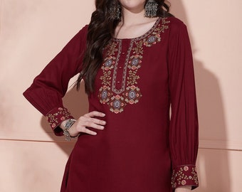 Kurti For Women - Tunique droite de travail en fil brodé floral marron pour femmes - Hauts ethniques indiens pour femmes - Boho Hippie - Grande taille