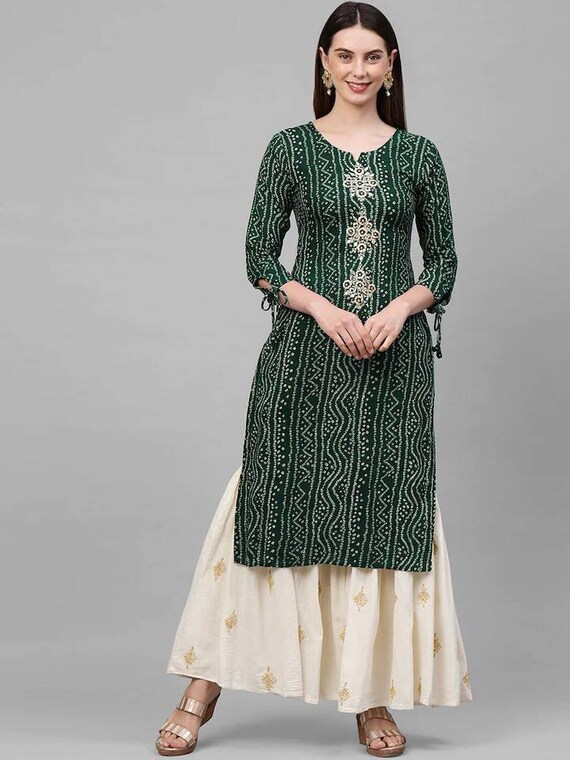 Bandhani kurtis with mirror work discount
