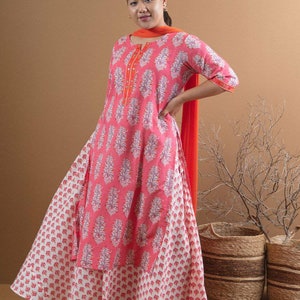 Plus Size Kurta Set - Pure Cotton Pink & White Printed Plus Size Kurta with Skirt And Dupatta - Ethnic Indian Dress XS XXL 3XL 4XL 5XL 6XL