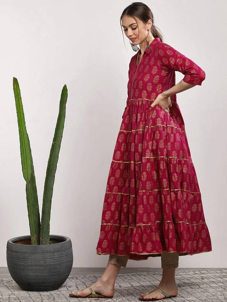 Indian Dress Anarkali Kurta For Women Ethnic Wear Pure Cotton Pink Printed Tiered Anarkali Kurti Gotta Patti Anarkali Kurtis Women