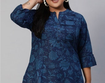 Navy Blue Pure Cotton Mandarin Collar Plus Size Floral Printed Tunic For Women - Indian Tunic - Summer Ethnic Top For Women - Short Kurta