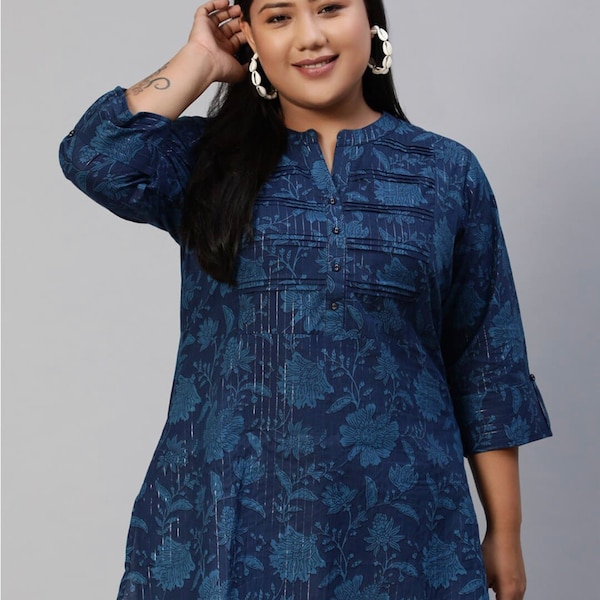 Navy Blue Pure Cotton Mandarin Collar Plus Size Floral Printed Tunic For Women - Indian Tunic - Summer Ethnic Top For Women - Short Kurta