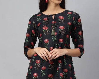 Indian Tunic - Navy Blue & Pink Printed Tunic For Women - Tops For Women - Summer Tops And Tee's - Short Kurtis For Women - Ethnic Wear