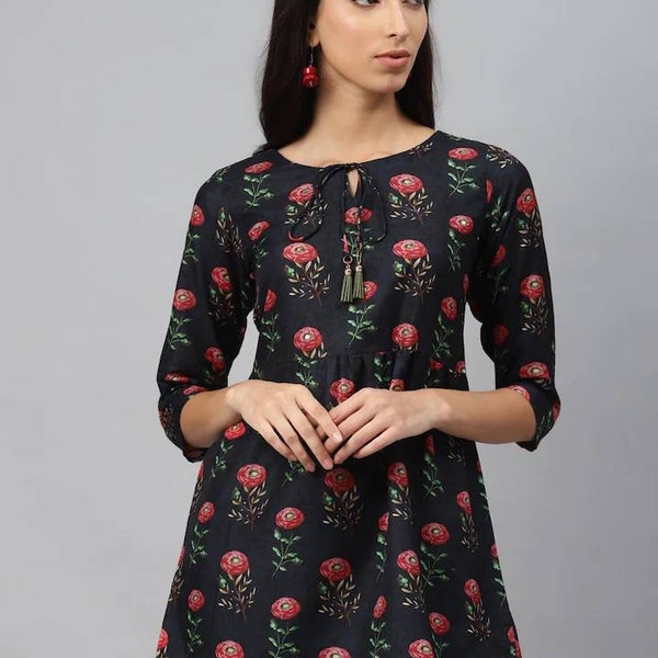 Tunique indienne - Tunique imprimée bleu marine et rose pour femmes - Tops pour femmes - Tops et tee-shirts d’été - Kurtis courts pour femmes - Vêtements ethniques