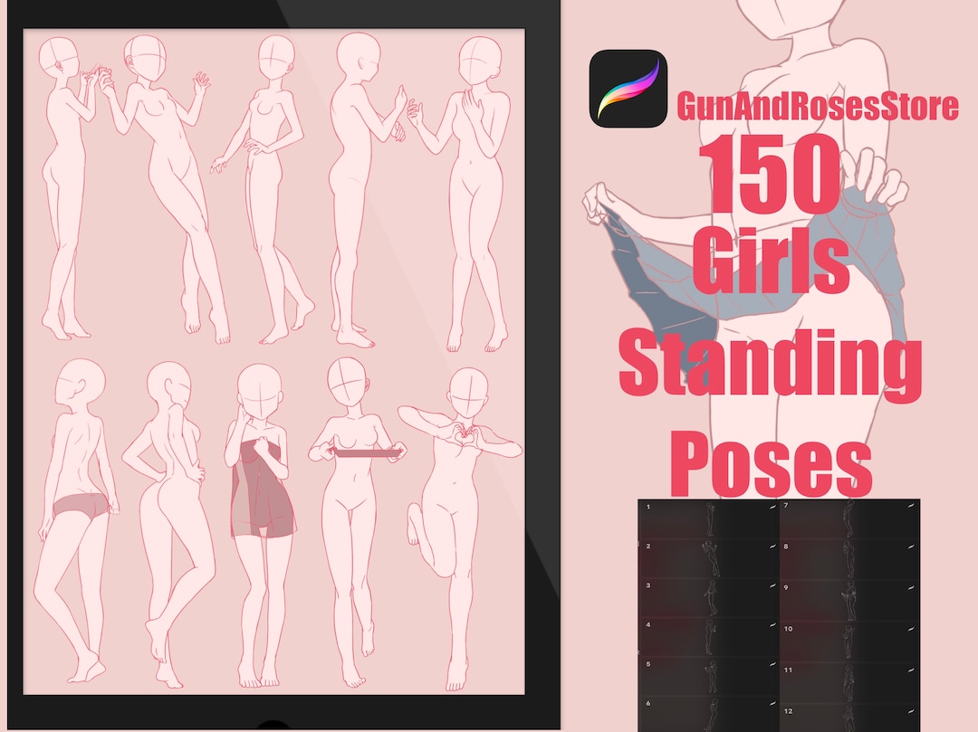 145 Anime Girls Standing Poses Guides Stamps for Procreate