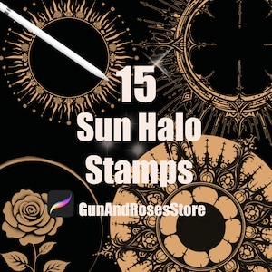 Peut inclure: Un ensemble de 15 tampons numériques représentant des halos solaires dans une variété de styles. Les tampons sont de couleur dorée sur un fond noir. Le texte "15 Sun Halo Stamps" et "GunAndRosesStore" est également visible.