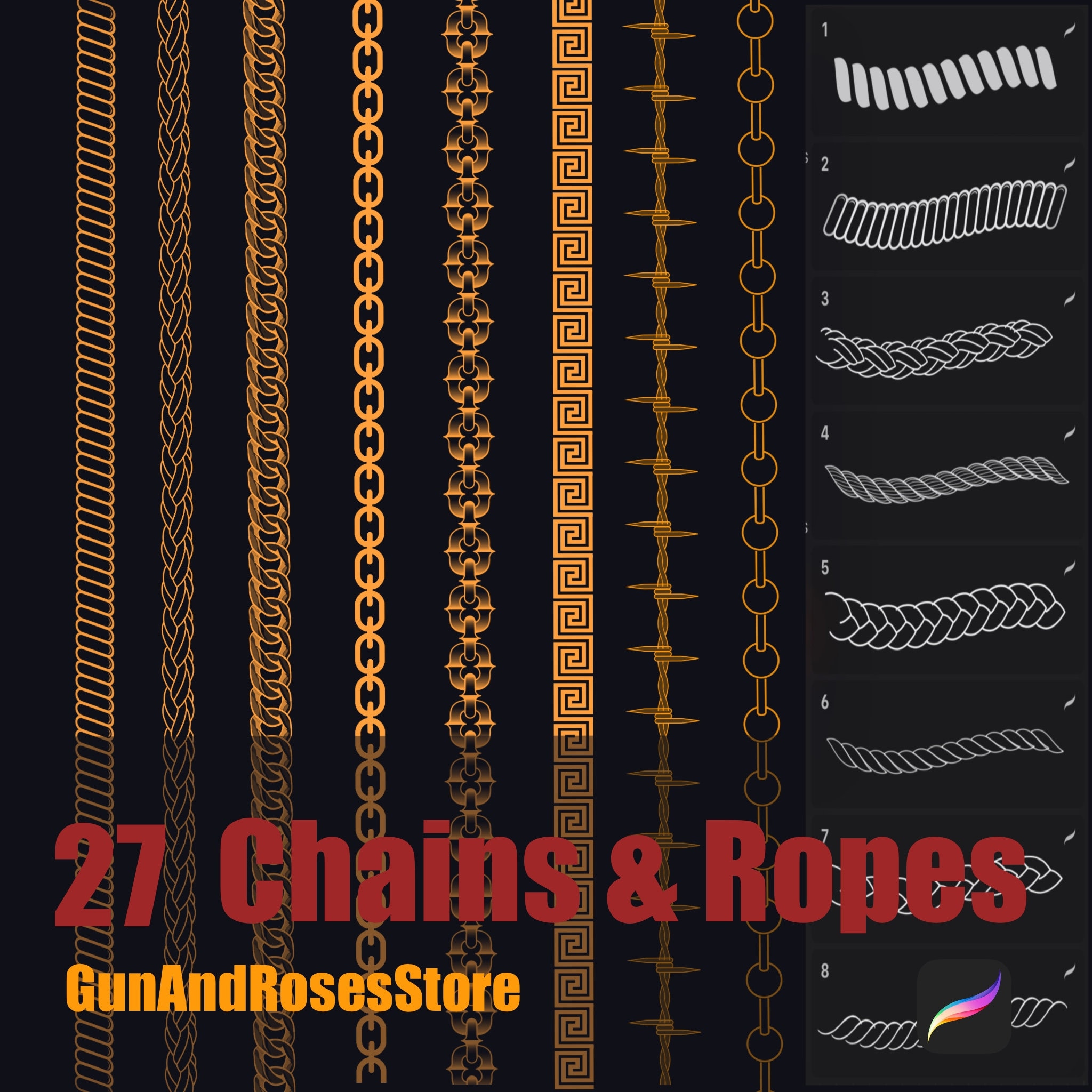27 pinceaux et tampons Procreate Ropes & Chains pour illustration et design numériques