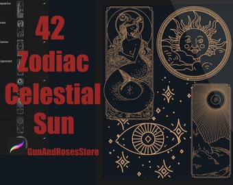 42 Signos do Zodíaco e Selos Solares Celestiais para Procreate - Astrologia Procreate, Sol e Lua Celestiais, Ilustração Digital, Selo Procreate