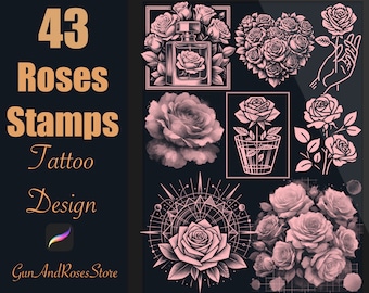 43 Coleção deslumbrante de selos de rosas para Procreate - Selo Procreate, design de tatuagem, licença de uso comercial incluída