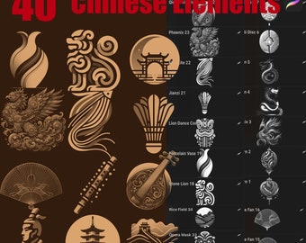 Paleta do Dragão: 40 pincéis chineses tradicionais para Procreate - Selos Procreate, ferramentas de arte digital, arte asiática, licença comercial incluída