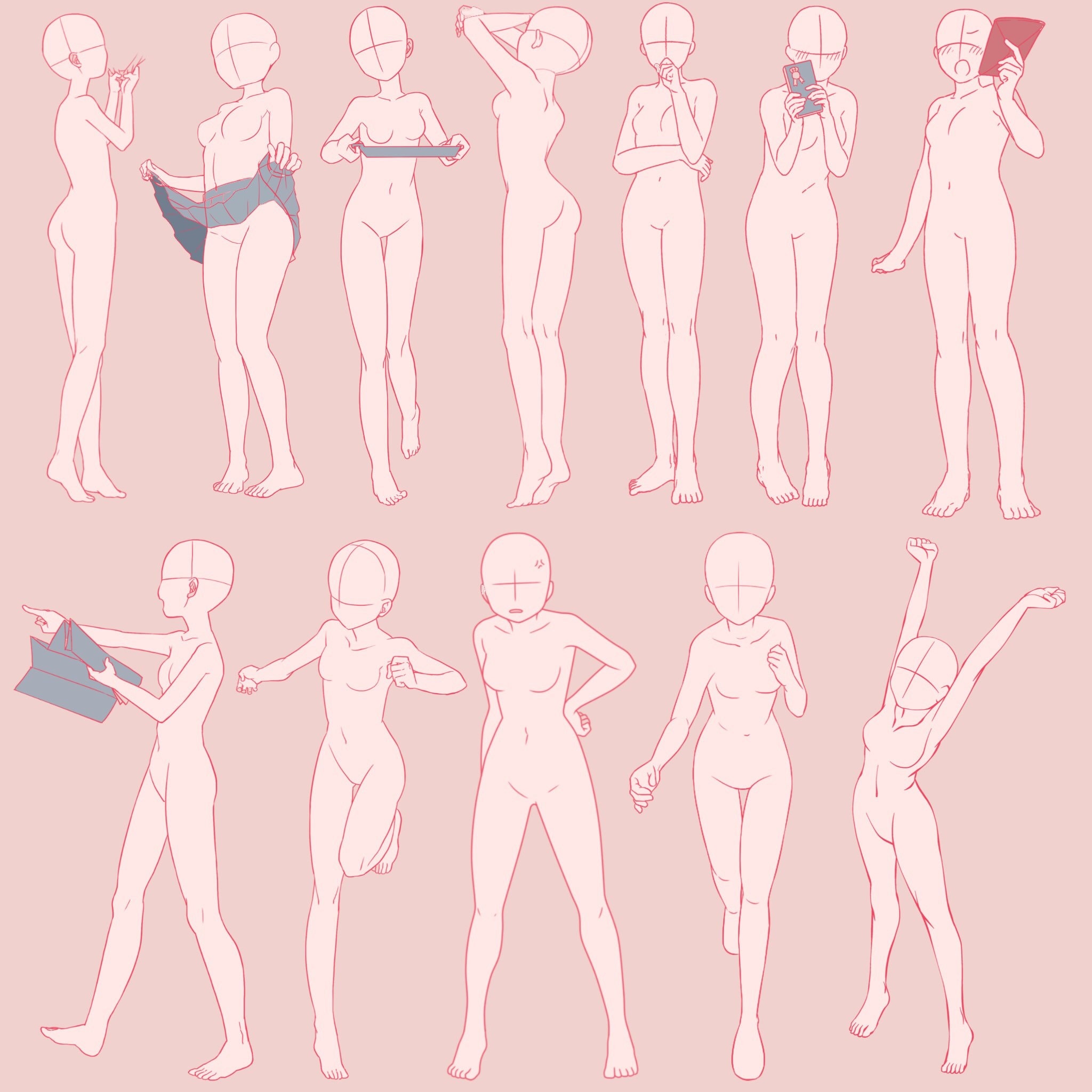 145 Anime Girls Standing Poses Guides Stamps for Procreate 