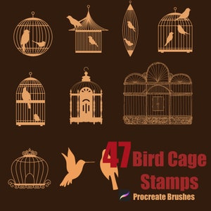 May include: 47 Bird Cage Stamps Procreate Brushes. A set of 47 digital stamps featuring various bird cage designs, including round, square, and rectangular cages, with some cages containing birds. The stamps are in a brown and orange colour scheme.