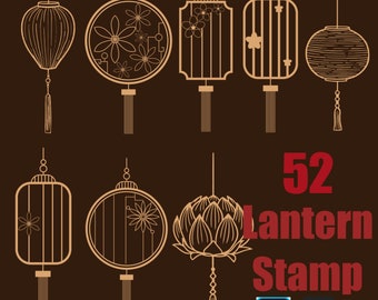 52 selos tradicionais de lanterna de seda de bambu pintados à mão para Procreate Photoshop, lanterna de teto, carimbo de lanterna, carimbo de lanterna chinesa,
