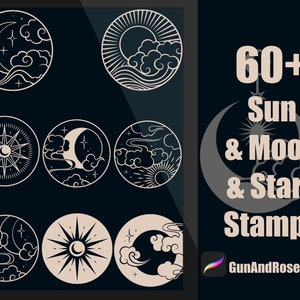 May include: A set of 60+ black and white sun, moon, and star stamps. The stamps are in a circular shape and feature various designs, including clouds, waves, and stars. The text "60+ Sun & Moon & Stars Stamps" is displayed in white on a black background.