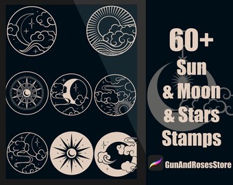 Mais de 60 selos de sol, lua e estrelas para Procreate - tatuagem de estêncil, zodíaco, padrão de nuvem, ilustração digital, pincéis Procreate