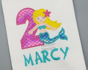 Mermaid 2nd Birthday Shirt, Custom Design, Children, Machine Embroider Applique Shirt, Birthday Ages 1-9.