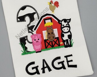 Barn Farm 3rd Birthday Shirt, Custom Design, Children, Machine Embroider Applique Shirt, Birthday Ages 1-6.