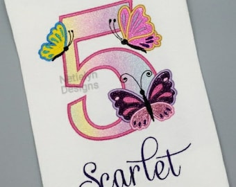 Glittery Butterflies 5 year old Birthday Shirt, Custom Design, Children, Machine Embroider Applique Shirt, Available Birthday Ages 1-12.