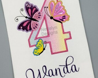 Glittery Butterflies 4 year old Birthday Shirt, Custom Design, Children, Machine Embroider Applique Shirt, Available Birthday Ages 1-12.