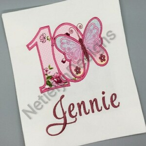Butterfly 10 year old Birthday Shirt, Custom Design, Children, Machine Embroider Applique Shirt, Available Birthday Ages 1-12.