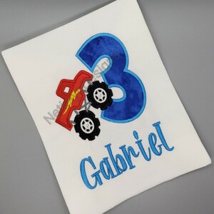 Monster Truck 3rd Birthday Shirt, Custom Design, Children, Machine Embroider Applique Shirt, Birthday Ages 1-9.