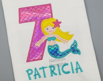 Mermaid 7th Birthday Shirt, Custom Design, Children, Machine Embroider Applique Shirt, Birthday Ages 1-9.