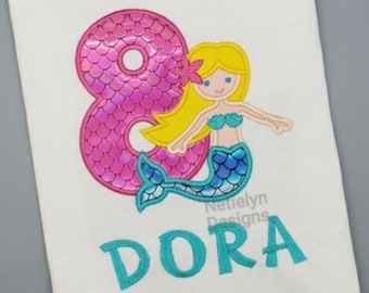 Mermaid 8th Birthday Shirt, Custom Design, Children, Machine Embroider Applique Shirt, Birthday Ages 1-9.