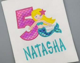 Mermaid 5th Birthday Shirt, Custom Design, Children, Machine Embroider Applique Shirt, Birthday Ages 1-9.