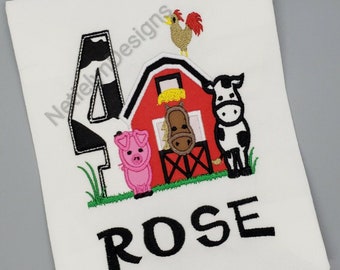 Barn Farm 4th Birthday Shirt, Custom Design, Children, Machine Embroider Applique Shirt, Birthday Ages 1-6.