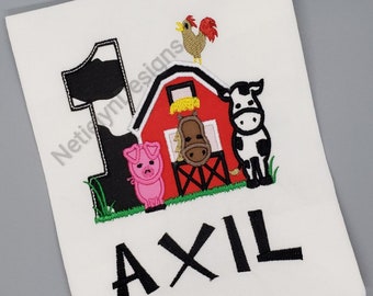 Barn Farm 1st Birthday Shirt, Custom Design, Children, Machine Embroider Applique Shirt, Birthday Ages 1-6.