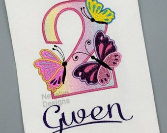 Glittery Butterflies 2 year old Birthday Shirt, Custom Design, Children, Machine Embroider Applique Shirt, Available Birthday Ages 1-12.