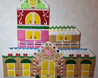 Advent Calendar For Adults and Children , Gingerbread House, Christmas Countdown, Daily hidden pocket treats, Machine Embroidery, Holiday
