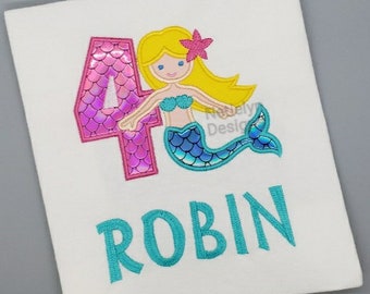 Mermaid 4th Birthday Shirt, Custom Design, Children, Machine Embroider Applique Shirt, Birthday Ages 1-9.