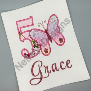 Butterfly 5 year old Birthday Shirt, Custom Design, Children, Machine Embroider Applique Shirt, Available Birthday Ages 1-12.