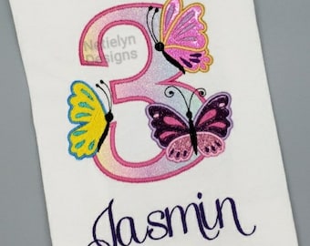 Glittery Butterflies 3 year old Birthday Shirt, Custom Design, Children, Machine Embroider Applique Shirt, Available Birthday Ages 1-12.