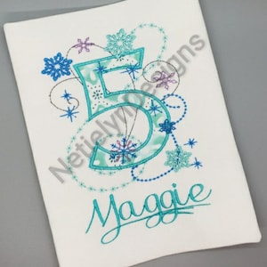 Winter Frozen 5 yr old Number Birthday Shirt, Custom Design, Children, Machine Embroider Applique Shirt, Available Birthday Ages 1-9.