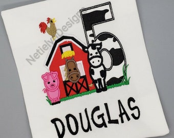 Barn Farm 5th Birthday Shirt, Custom Design, Children, Machine Embroider Applique Shirt, Birthday Ages 1-6.