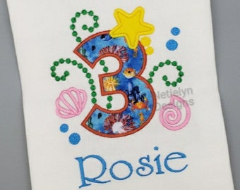 Under the Sea 3rd Birthday Shirt, Custom Design, Children, Machine Embroider Applique Shirt, Birthday Ages 1-9.