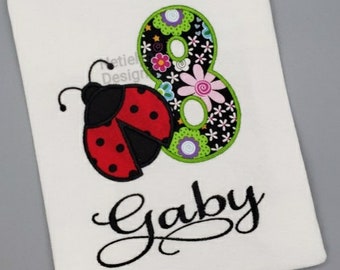 Ladybug 8 year old Birthday Shirt, Custom Design, Children, Machine Embroider Applique Shirt, Available Birthday Ages 1-9.