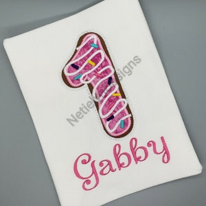 Donut 1 yr old Birthday Number Shirt, Custom Design, Children, Machine Embroider Applique Shirt, Available Birthday Ages 1-9.